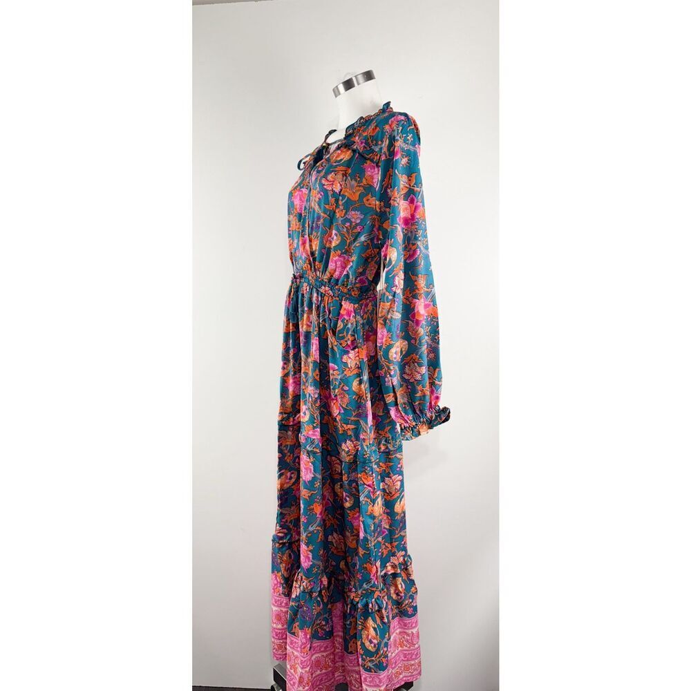 Anthropologie Teal Maxi Dress with Pink and Orange Floral Print - Picture 4 of 11